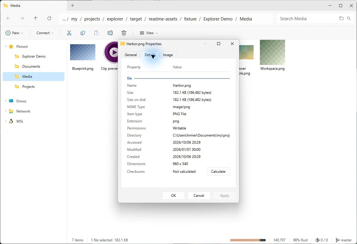 Explorer showing image properties and metadata for the Harbor demo image